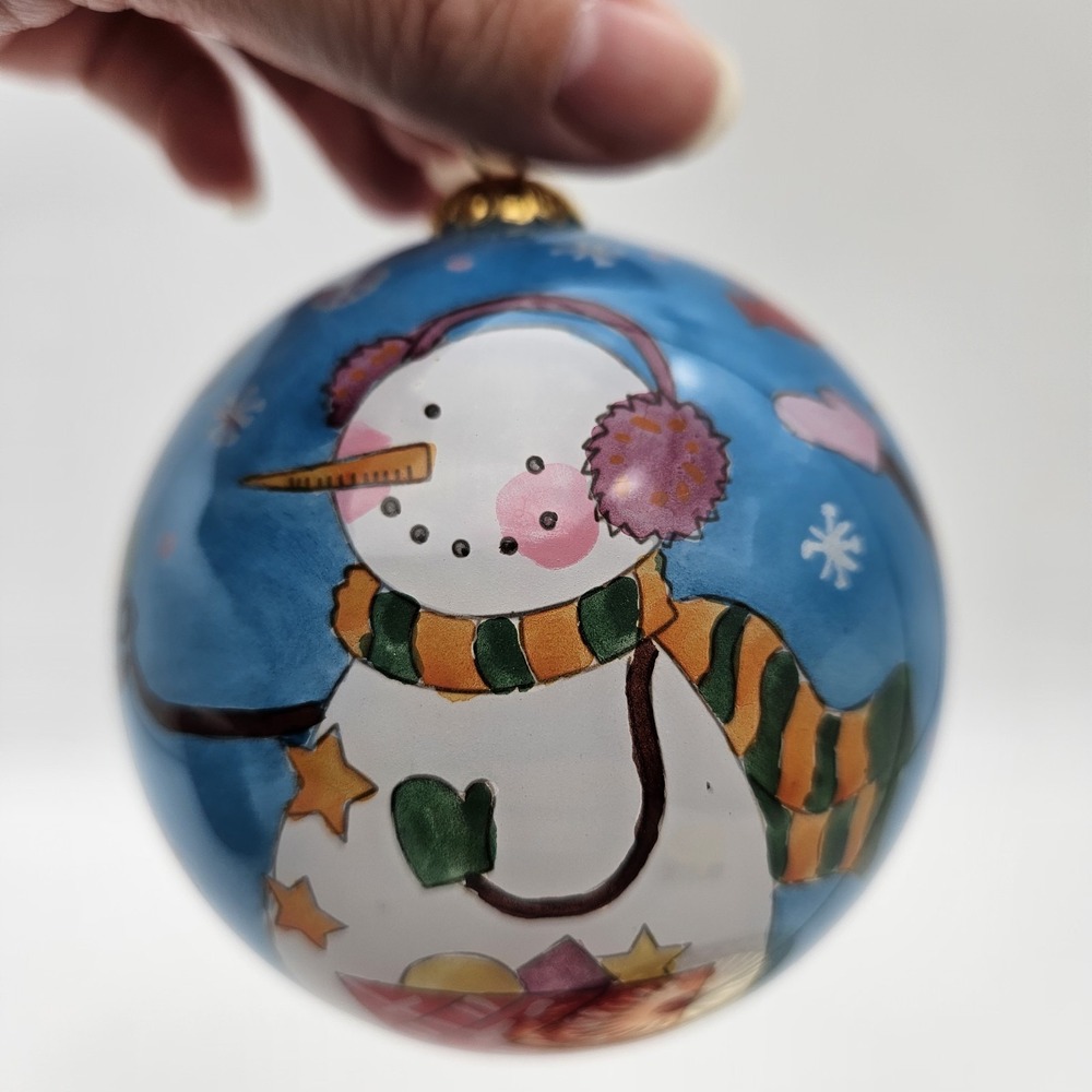 2007 Pier 1 Li Bien Reverse Painted Glass Christmas Ornament Snowmen Presents